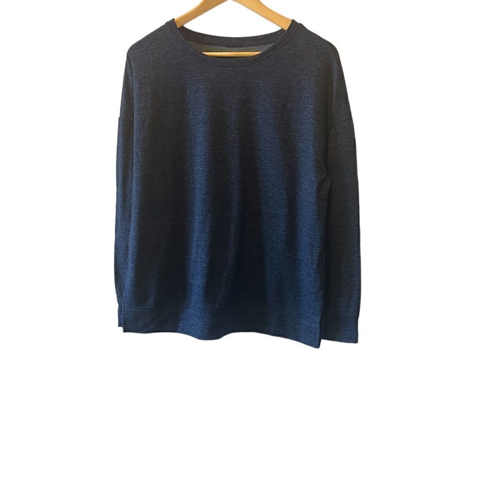 Blue Fleece Lined Pullover Wide Neck Long Sleeve Casual Sweatshirt L